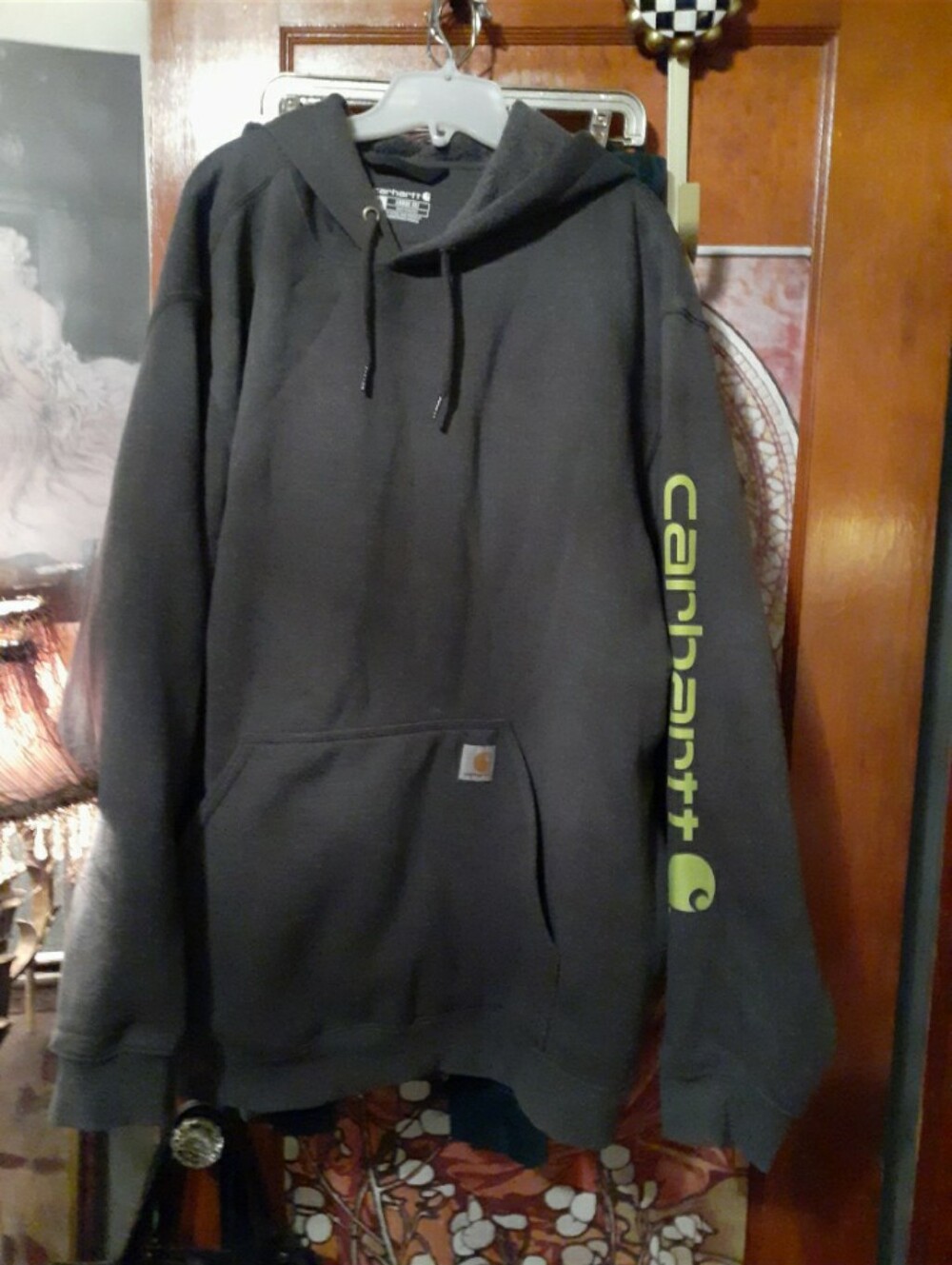 Carhartt Charcoal Hoodie with Neon Lime Sleeve Logo